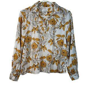 Calligraphy White V-Neck Blouse Floral Orange Long Sleeve Size Med EUC #1000